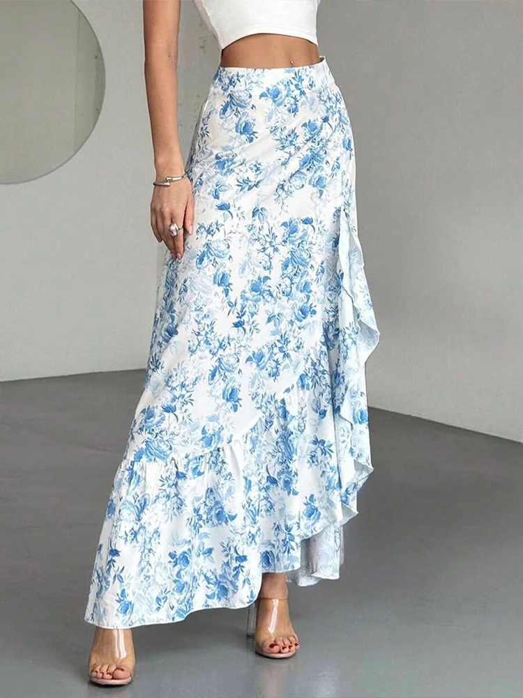 

Юбка в стиле ретро с цветочным принтом, завышенной талией и нестандартными рюшами по краям, подходит для повседневных поездок на работу, повседневных покупок и свиданий.