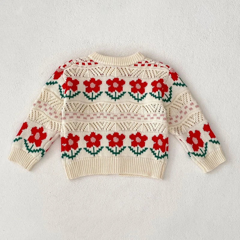 New autumn baby clothing, 0-3 year old female baby, small red flower jacquard knitted sweater jacket