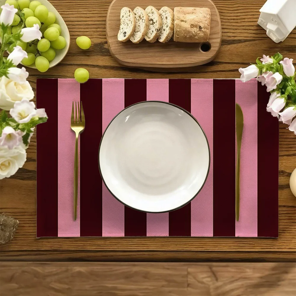 Pink and Brown Striped Placemats Set Reversible Linen Dining Mats for Kitchen Table Decoration