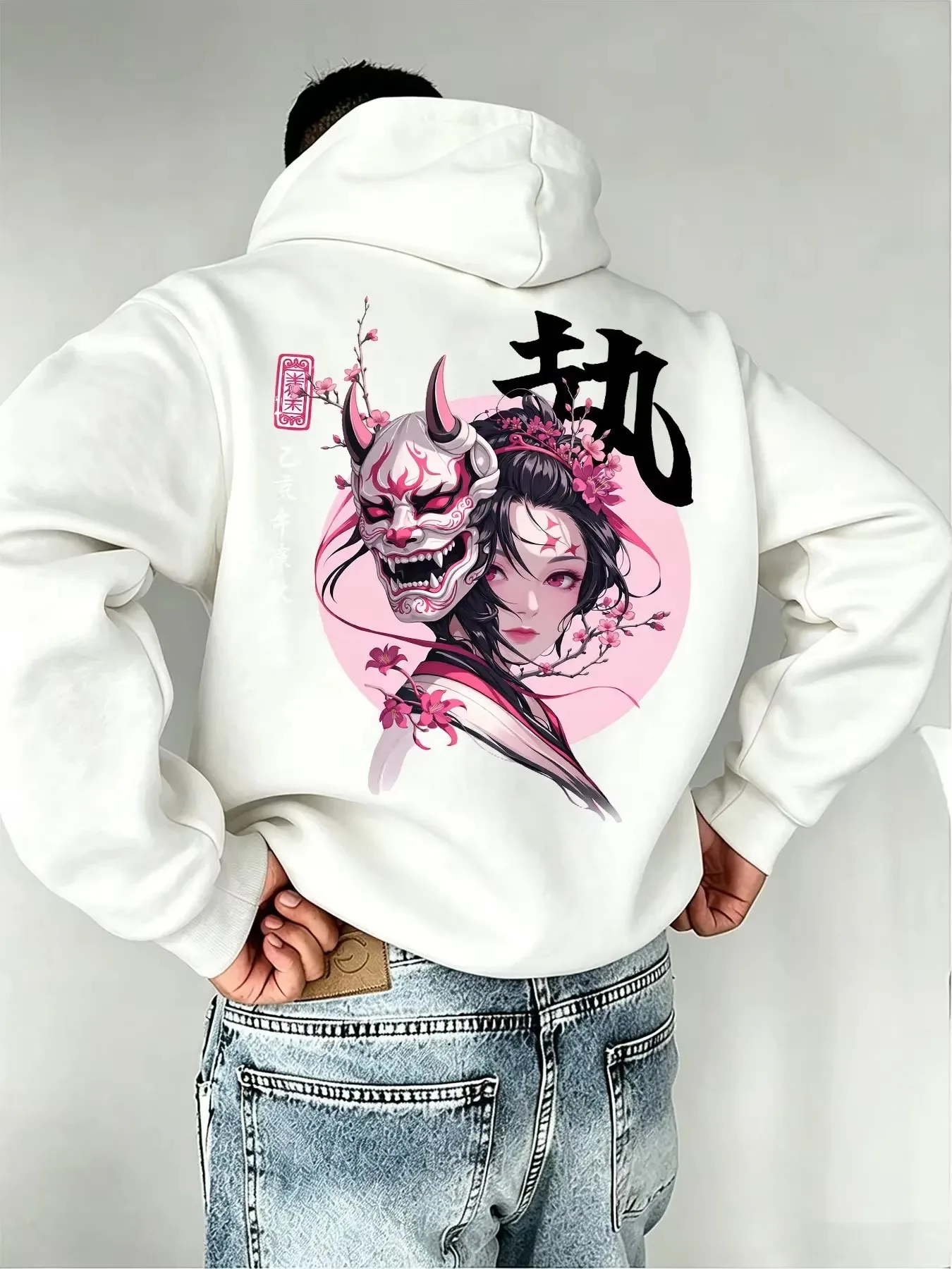 Japanese Demon Anime Hoodie Men Oversized Streetwear Samurai Graphic Print Pullover Sweatshirt Autumn Winter Casual Hooded Top
