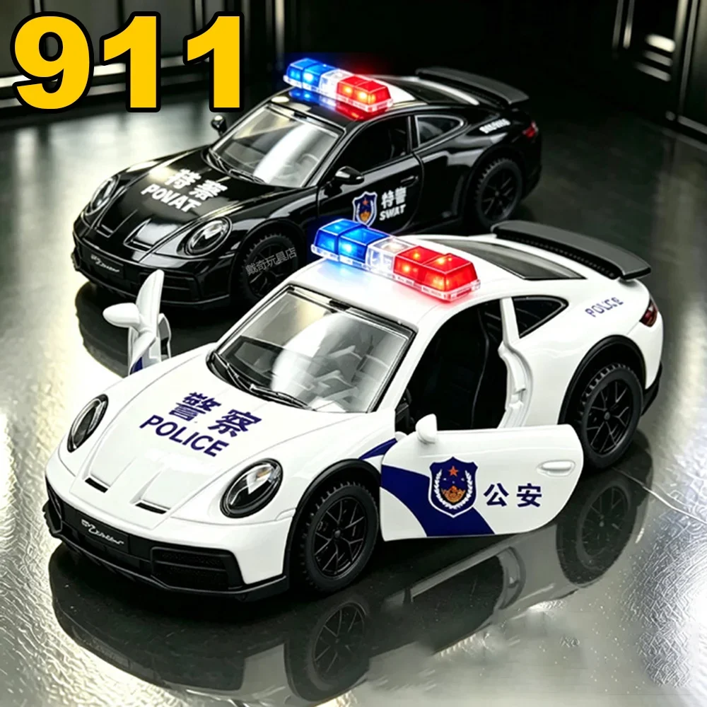 1:32 911 DaKar Alloy Diecast Model Police Cars Miniature Toys Rubber Tires Pull Back Metal Body Doors Opened Vehcies Friend Gift