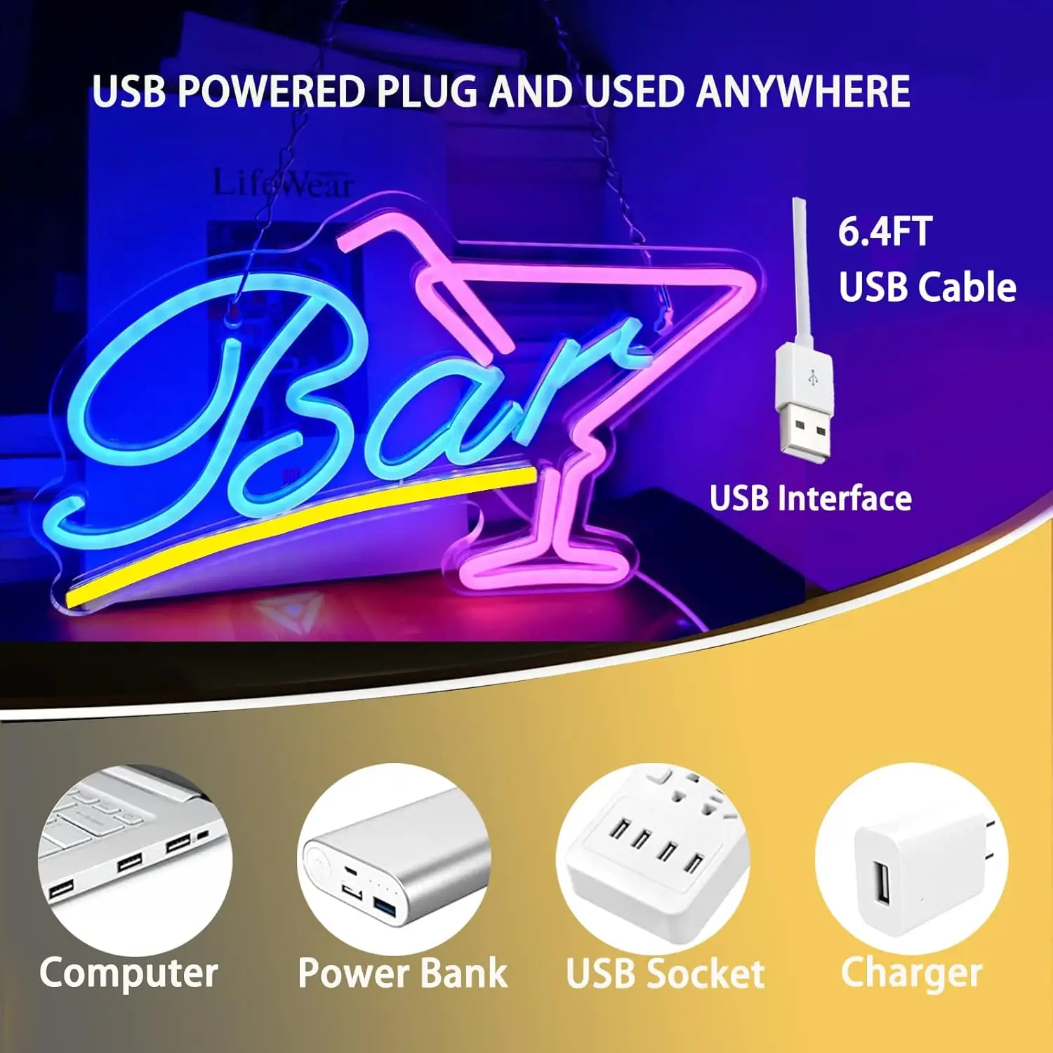 Bar Neon Sign LED Bar Sign Neon Light USB Powered, 14.96x9.06 Inches, Bar Decor for Home, Bistro, Party, Club, Wall Decor