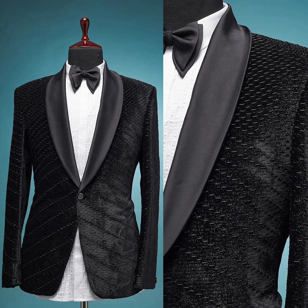 

2 Pieces Wedding Suits For Men One Button Beading Jacket Pants Shawl Lapel Groom Tuxedos Customized Man Banquet Wear