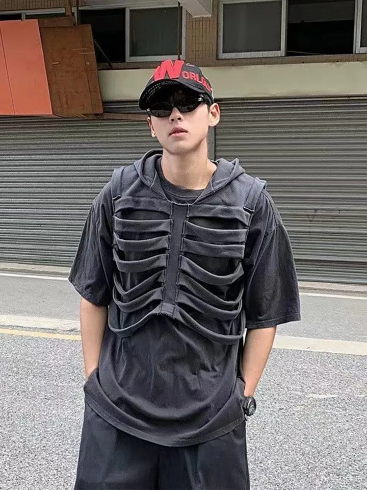 Skull Design Skeleton Hollow Hooded Vest Men Women Thin Line