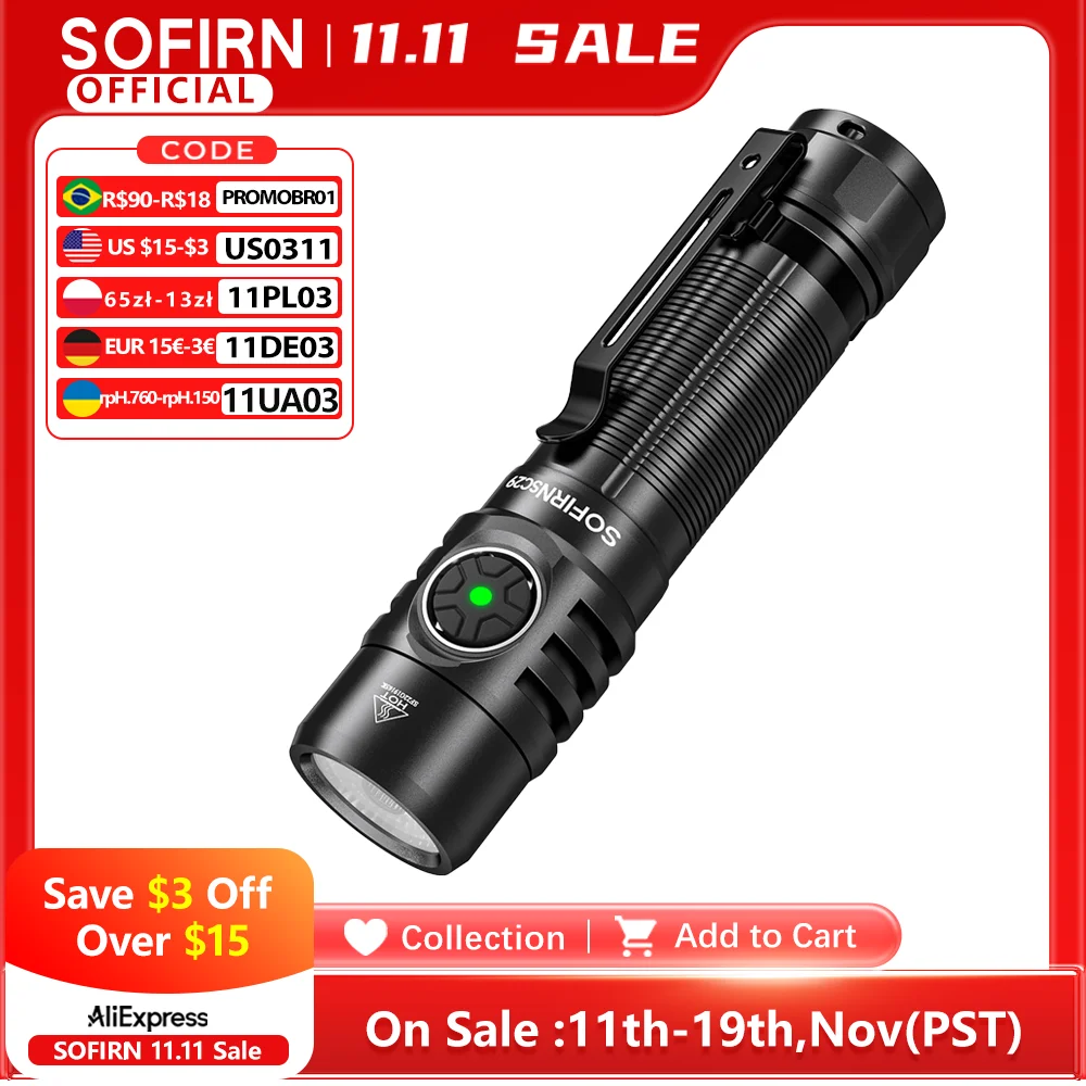 

Sofirn SC29 Powerful Flashlight Rechargeable 3000 Lumens XHP50B EDC 21700 Torch Light Lantern IPX8 for Camping Fishing