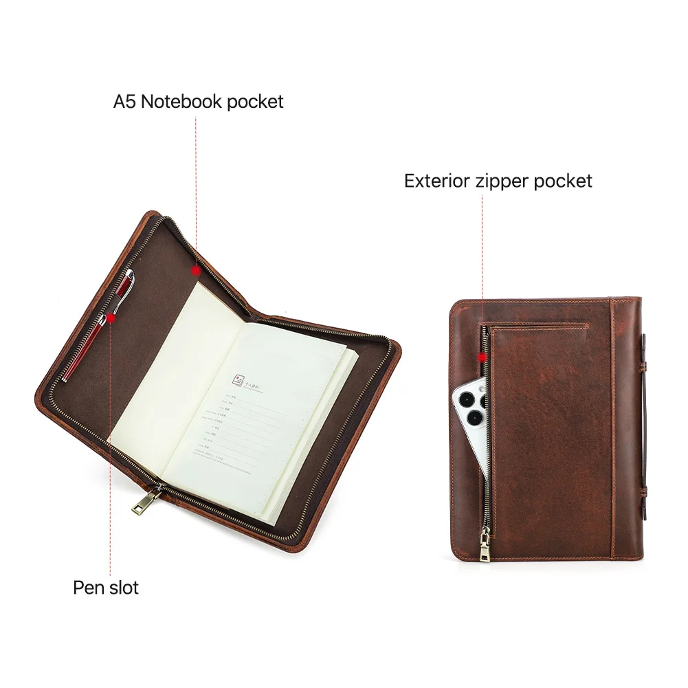 Retro Genuine Leather Zipper Clutch A5 Book Cover Journal Office Diary Travel Notebook Cover Case Protector Sleeve for School