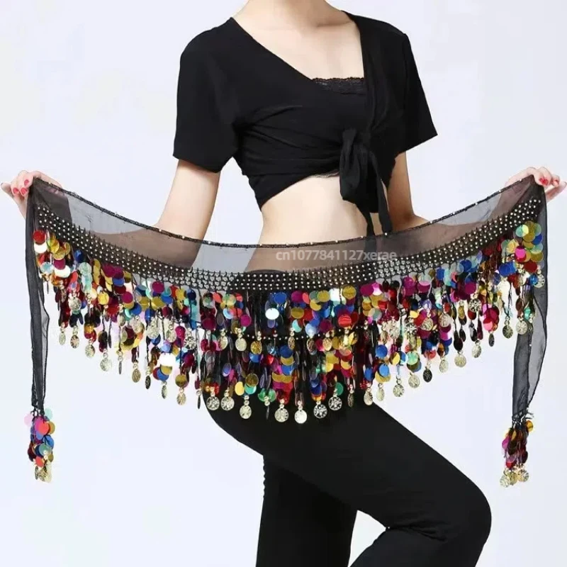 Цепочка на талию для танца живота, красочные блестки, медные монеты Гонга, женское выступление на сцене, поясная цепочка для фестивальной практики
