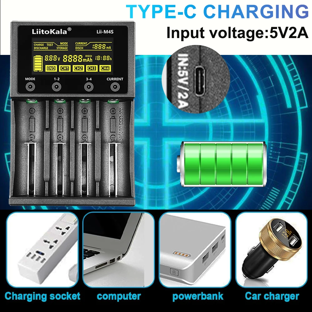 

Умное зарядное устройство LiitoKala Lii-M4S для аккумуляторов 18650 26650 21700 32650 20700 с ЖК-дисплеем, совместимое с AA AAA
