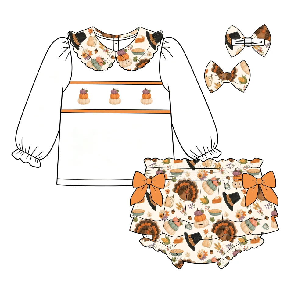 New Thanksgiving Day Boutique Kids Sets Lapel Ruffle Long Sleeve Top and Elastic-waist Shorts Bow Decoration Pumpkin Print