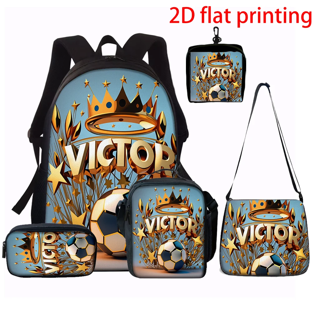 Image of 1/2/3/4/5-teiliges Fußball-Rucksack-Set mit Kronenmuster, große Kapazität, Schultasche, Reisetasche mit Umhängetasche, Stifttasche, Kindergeschenk