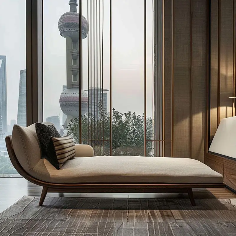 

New Chinese-style Zen chaise longue, black walnut ash wood light luxury sofa bed, office hotel bed furniture