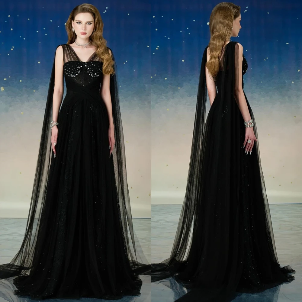 

Customized Elegant Black Organza Evening Dress Classic Strapless Sleeveless Party Dress Delicate A-Line Crystal Celebrity Gowns