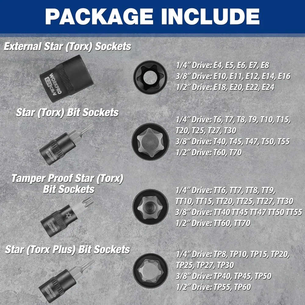 Conjunto de soquete torx de 60 peças com pontas de acionamento de 1/4", 3/8", 1/2", soquetes E4-E24, T6-T70, TT6-TT70, TP8-TP60 em aço durável