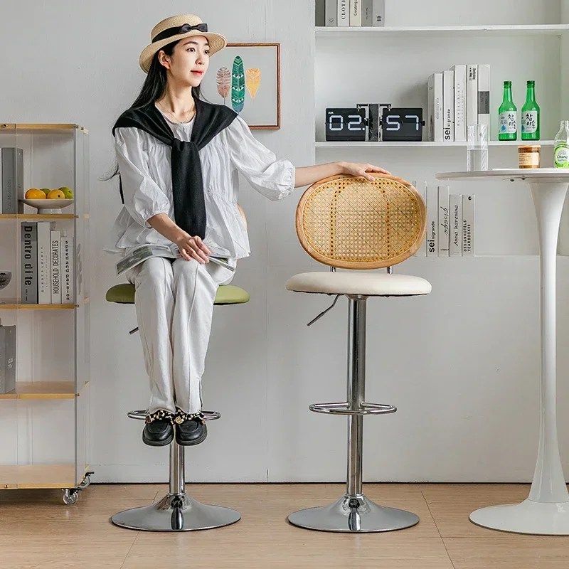 

Rattan Woven Bar Chairs for Home Designers High Foot Chairs Rotating Lifting Counter Stool Iron Electroplating Modern Furniture