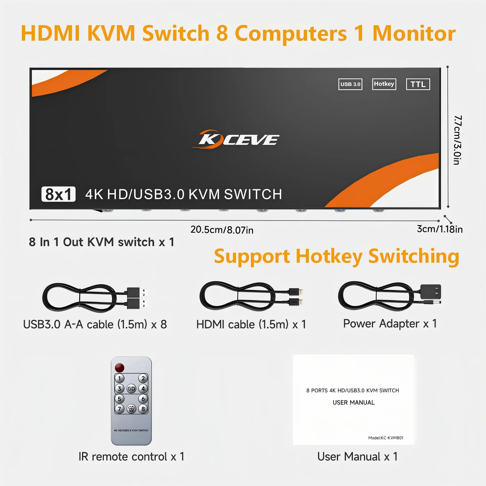 HDMI KVM Switch 8/10 Computers 1 Monitor, 8 Ports/10 Ports USB 3.0 KVM Switcher Support 4K@60Hz for 8/10 PC Share Keyboard Mouse