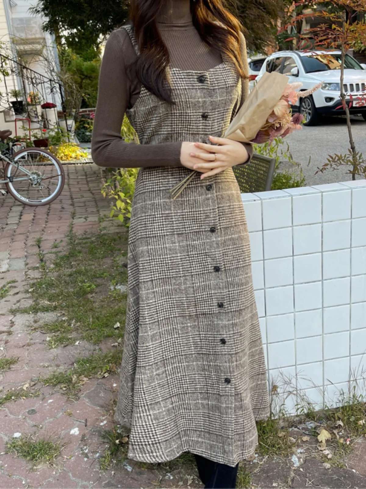 Outono inverno coreano sle plus size feminino xadrez thiened lã cinta dr emagrecimento camada base saia longa dr