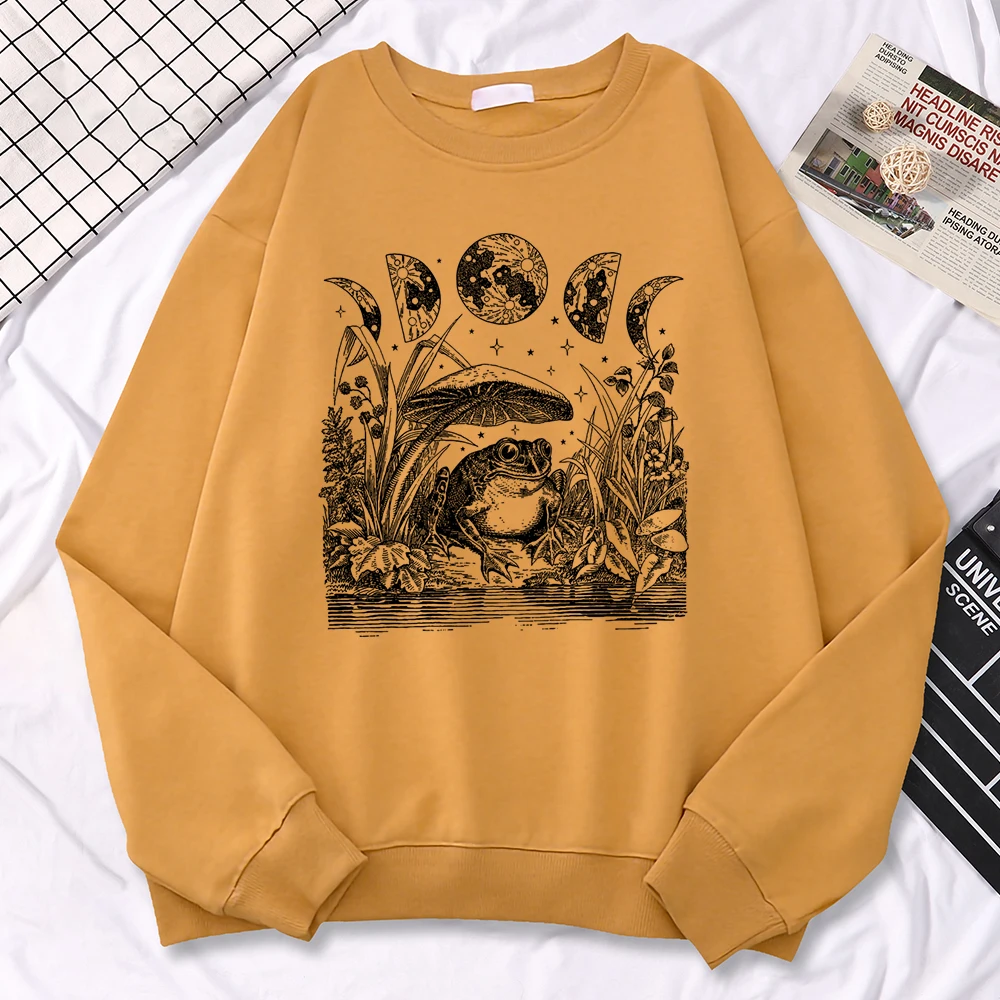 Fashion Casual Womens Pullover Cute Cottagecore Aesthetic Frog Fantasy Print Hoodies Loose Crewneck Sweatshirts Warm Fleece Tops