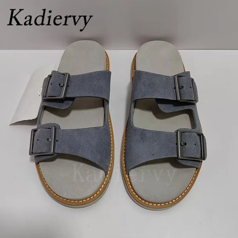 Summer Slippers Women Suede Leather Metal Buckle Mules Casual Holiday Beach Shoes Woman Casual Sandals Comfort Flat Slides Men