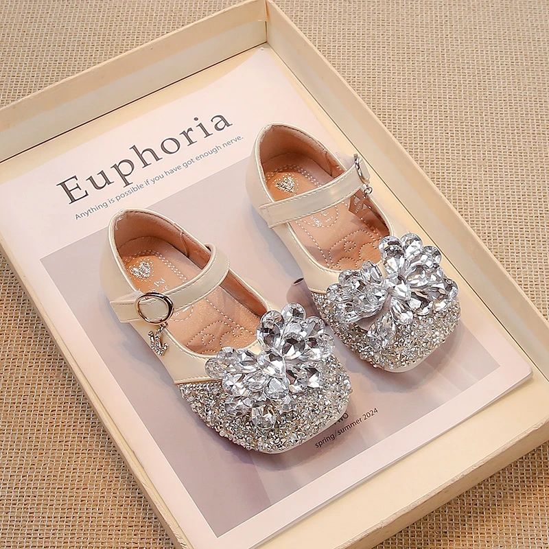 Silver/beige Girls Leather Shoes with Glitter Rhinestone Bow Outdoor Spring Autumn PU Princess Leather Shoes Sandalias De Mujer