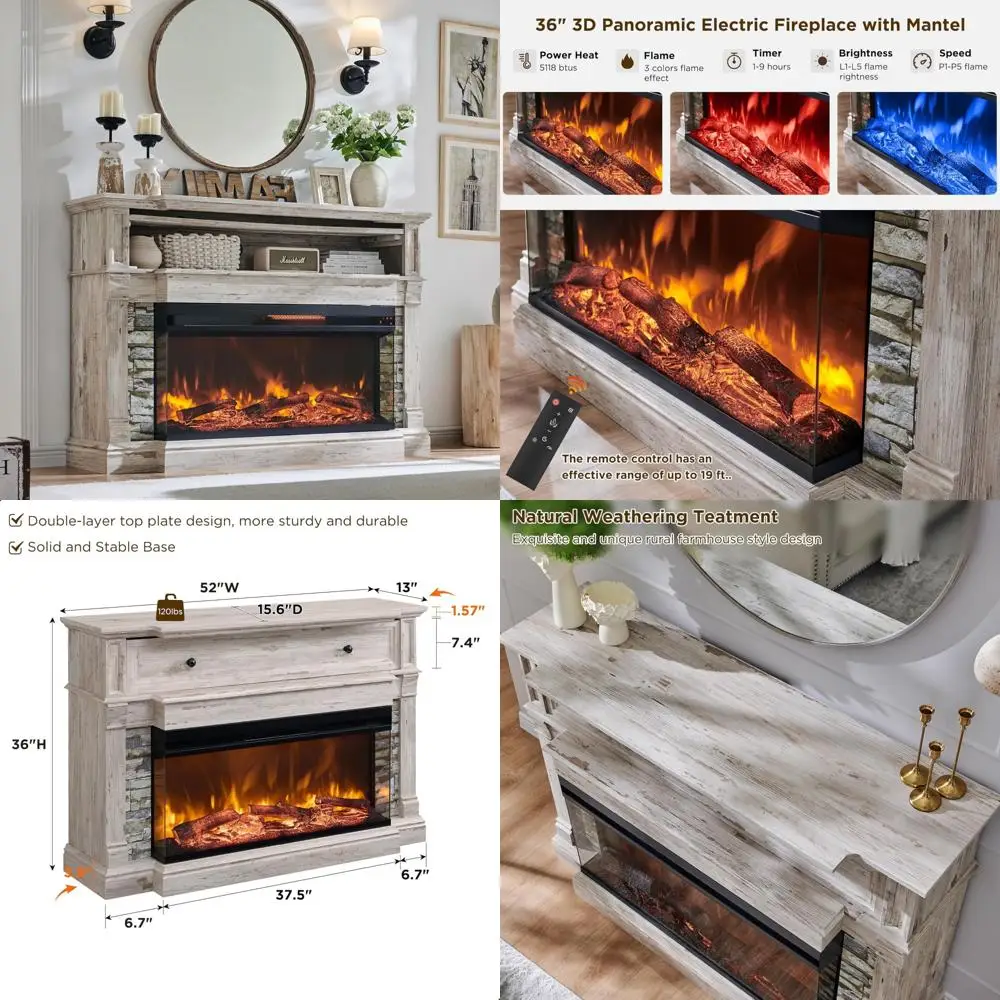 

3-Sided Glass Farmhouse Style TV Stand with Electric Fireplace, Accommodates TVs up to 65, 52 Media Entertainment Center