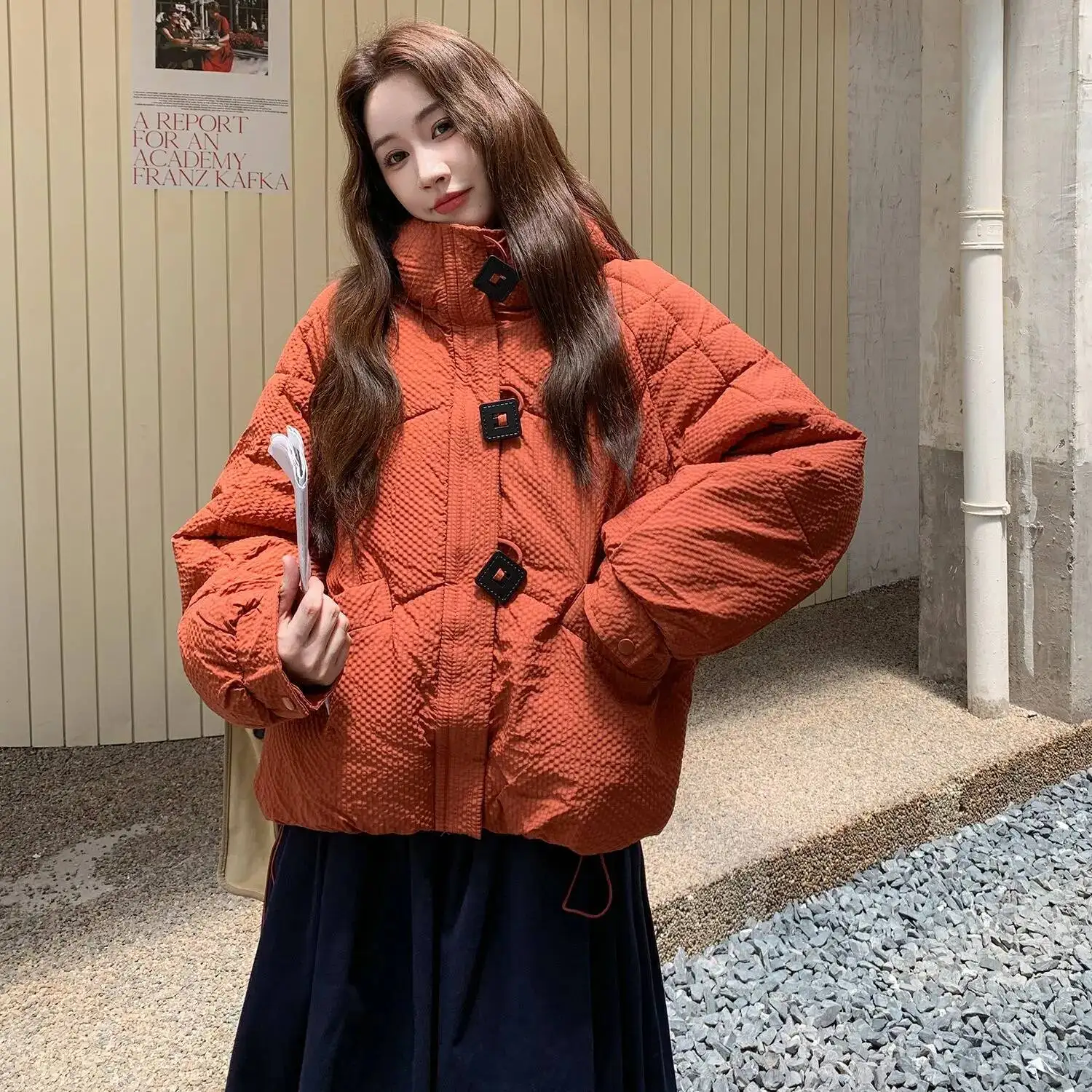 Hooded Warm All-Match Solid Simple Lovely Students Coats Women Square Button Parkas Korean Style Tops Minimalist Winter Jacket
