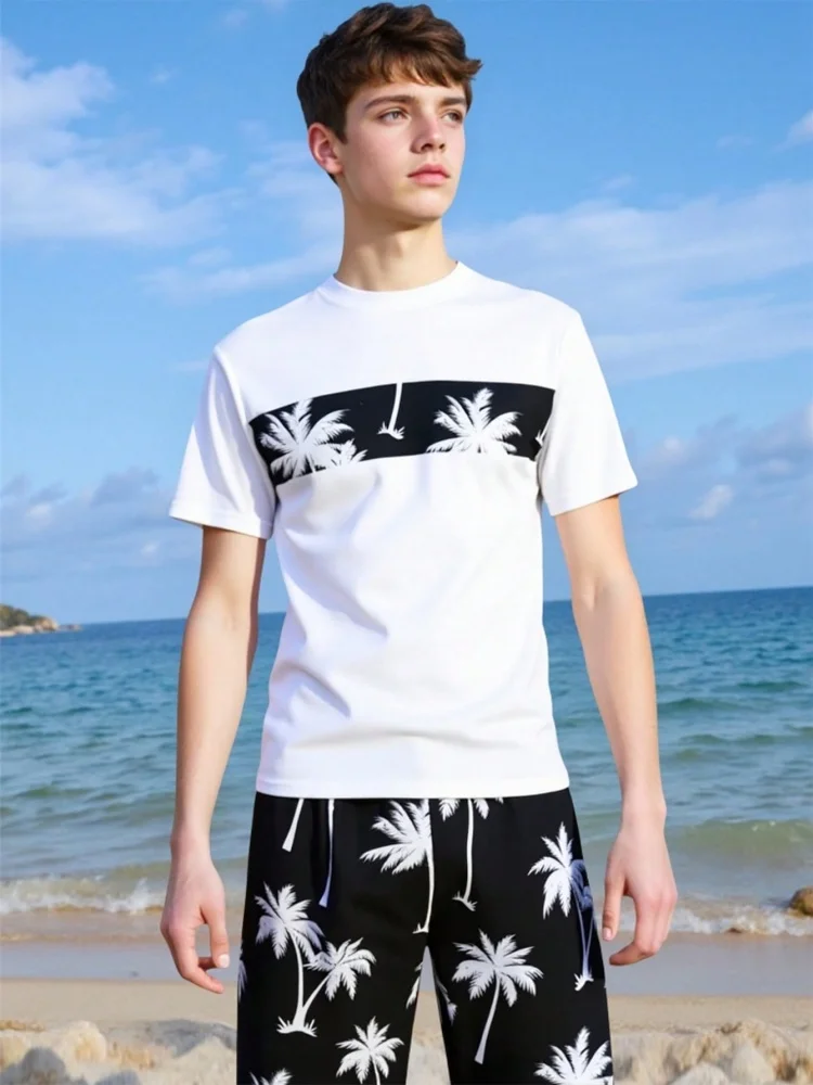 

Boy Kids Swimsuit 2025 New Solid Coconut Tree Short Sleeve Children Swimwear Summer Two Piece Beach Wear Bathing Suit Swimming