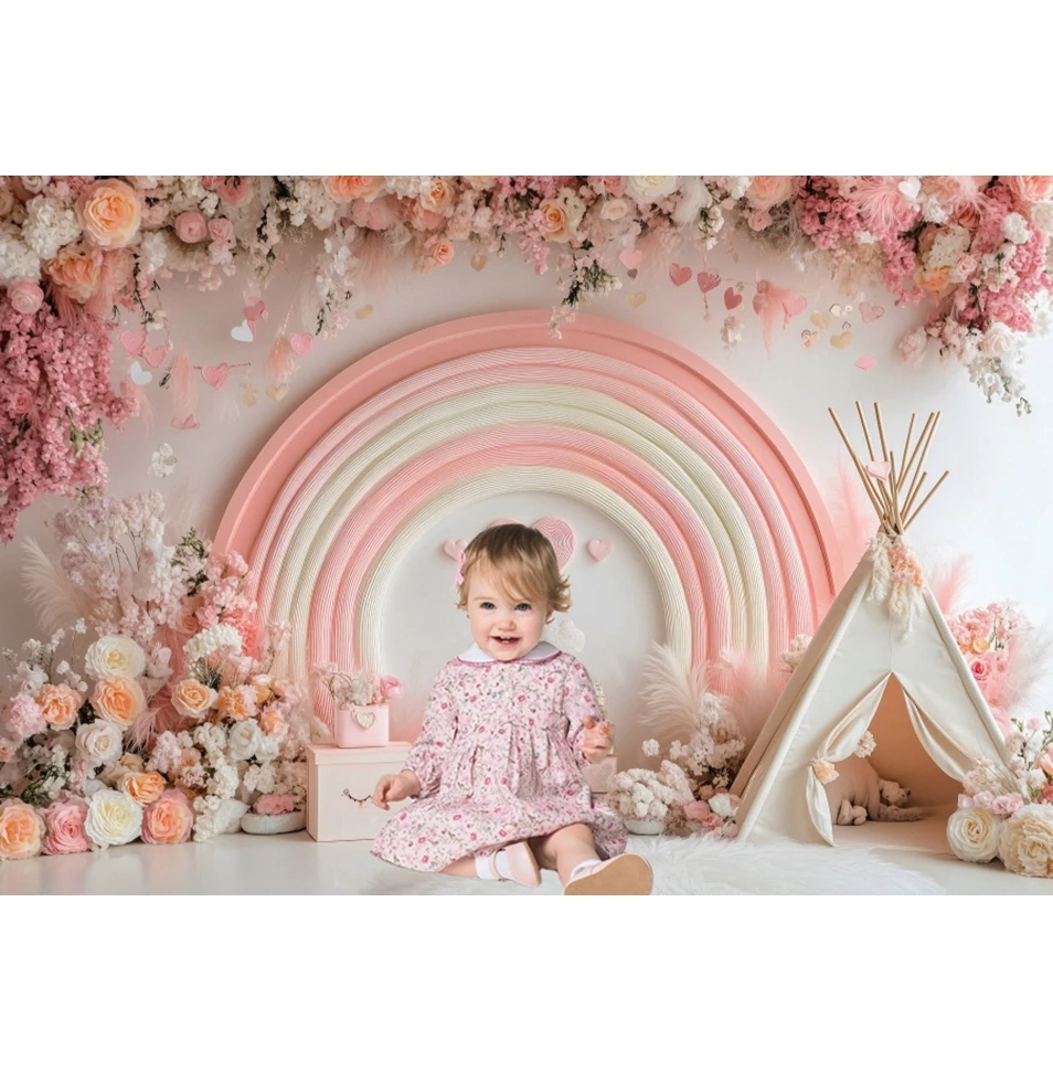 Baru Lahir Bayi Ulang Tahun Pertama Latar Belakang Kue Smash Anak Perempuan Laki-laki Pink Biru Balon Tenda Bunga Ruang Interior Fotografi Latar Belakang Props