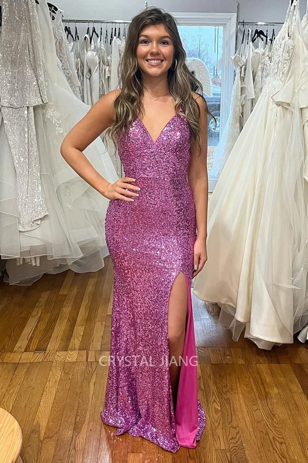 

Classy Long Spaghetti Straps Purple Sequin Prom Dresses Sleeveless with Slit Mermaid Sweep Train Vestidos Para Mujer Party Gowns