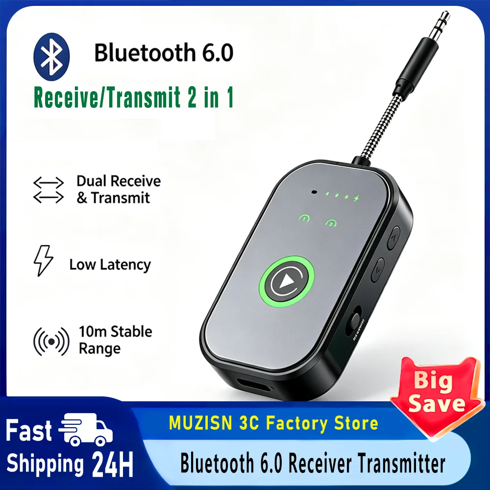 MUZISN Bluetooth 6.0 Audio Reciever Transmitter RT/TX 2 In 1 Adapter for TV Earphones Cars Flights 3.5mm AUX Bluetooth Dongle