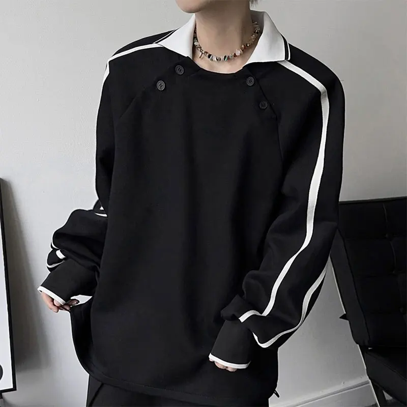 Autumn KPOP Fashion Style Harajuku Slim Fit Tops Loose Casual All Match Outerwear Insert Button Patchwork Long Sleeve Sweatshirt