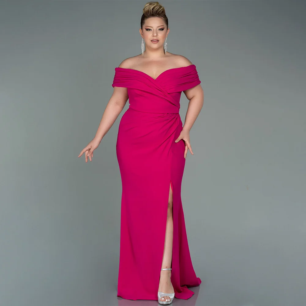 

Fuchsia Wedding Guest Gowns Plus Size Off the Shouler Mermaid Mor of Bride Dresses Long Side Slit Simple Evening Dress