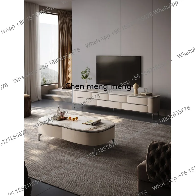 

Italian light luxury rock panel TV cabinet coffee table simple modern living room high-end full solid wood floor cabinet