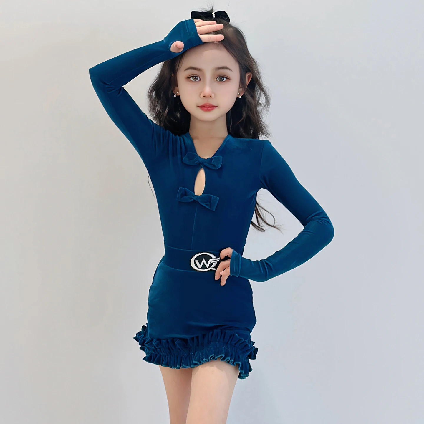 Robe de spectacle de danse de salon bleue à manches longues pour filles, Costume de danse latine pour enfants, vêtements de danse latine Rumba SL14006