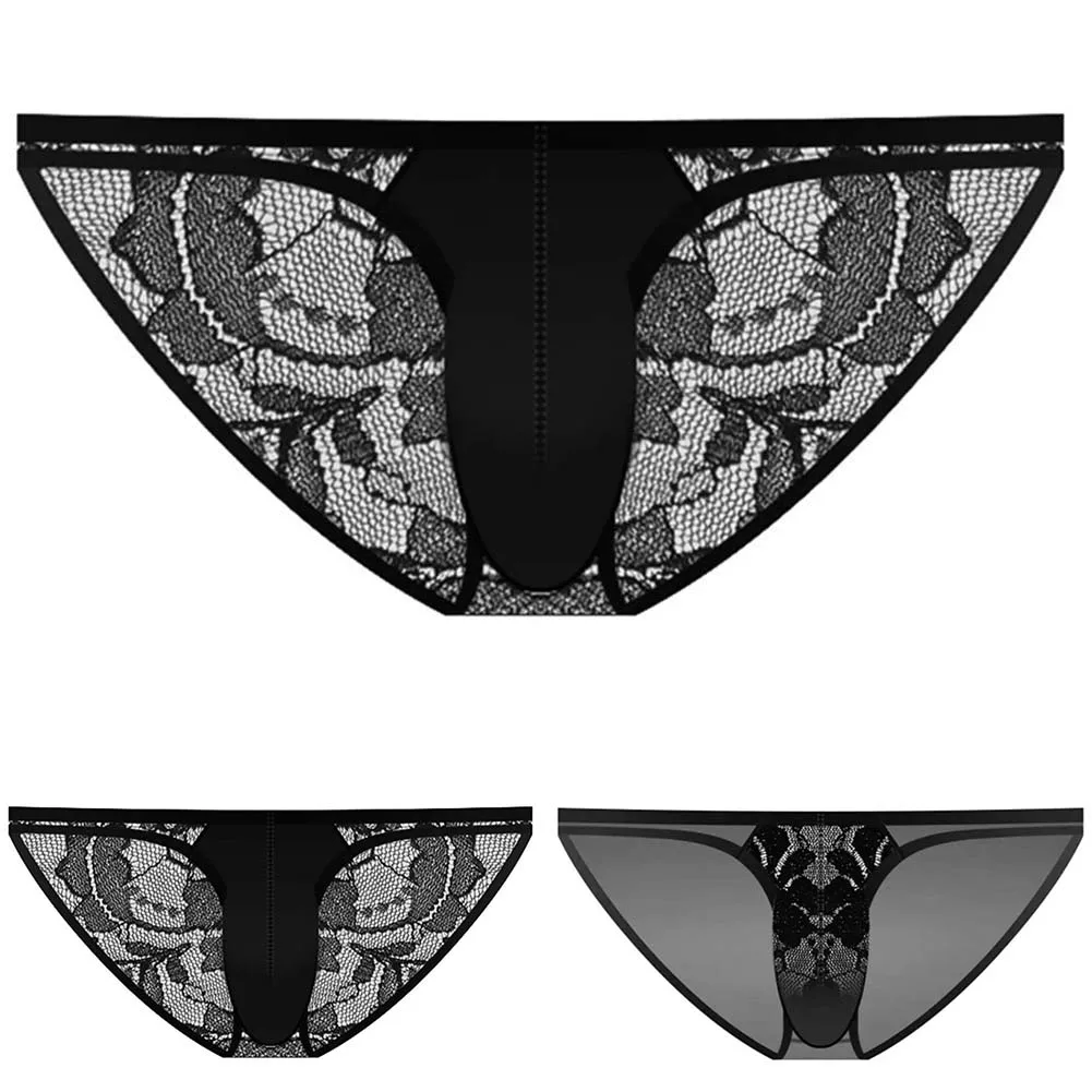 Lightweight Quick Drying Lingerie Men Underwear Bikini Lace Jacquard Middle Rise Mesh High Fork Sheer Briefs