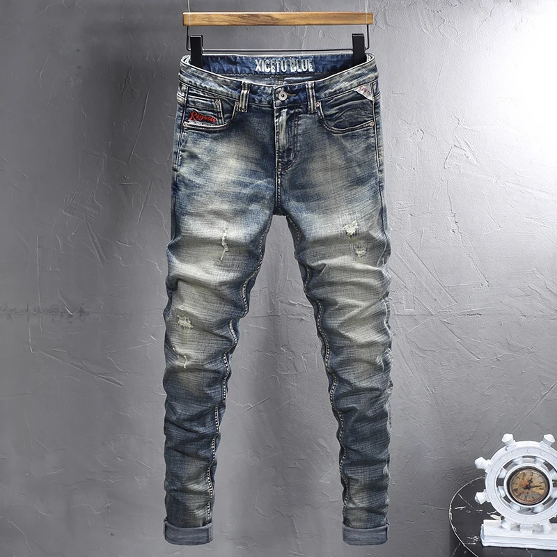 Italian street fashion men's jeans retro washed blue stretch slim embroidered jeans men's designer retro jeans hombre