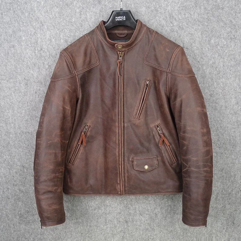 

genuine leather 100% fur coat men jacketUS single luxury goods, two-color tea core, hand edging, old soft cattle coat, men's mo