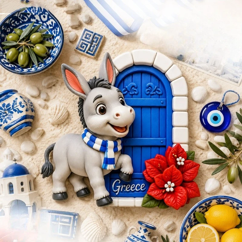 Greece Donkey Blue Door Fridge Magnet - Adorable 3D Mediterranean Souvenir Unique European Gift for Travel & Coastal Decor