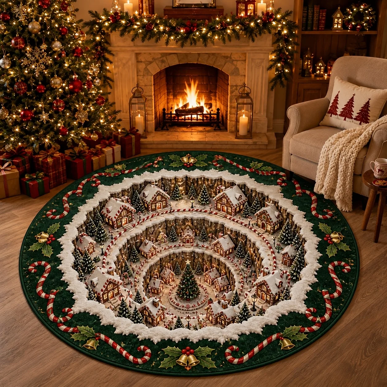 Round Christmas 3D Cave Effect Area Rug, Gingerbread House Snow Village Candy Cane Bell Print Holiday Floor Mat