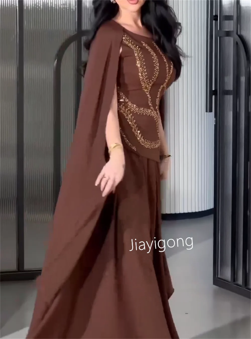 Customized Matching Chiffon Pleat Pattern Sequined A-line Jewel Long Dresses Bespoke Occasion Exquisite Modern Style