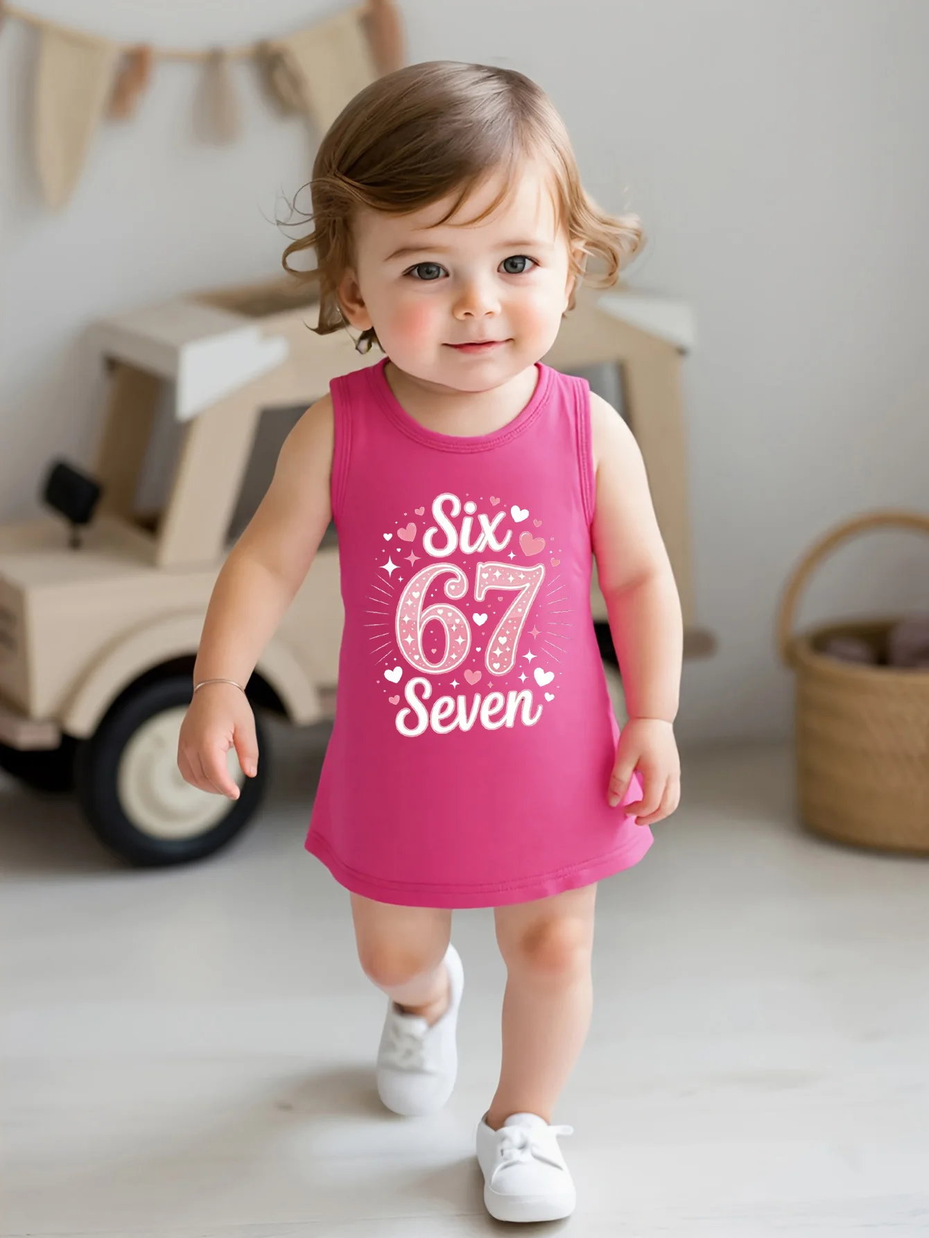 

Платье-майка без рукавов для маленьких девочек, От 0 до 3 лет, розово-красное, номер 67, летнее милое платье с принтом в виде сердца, наряд