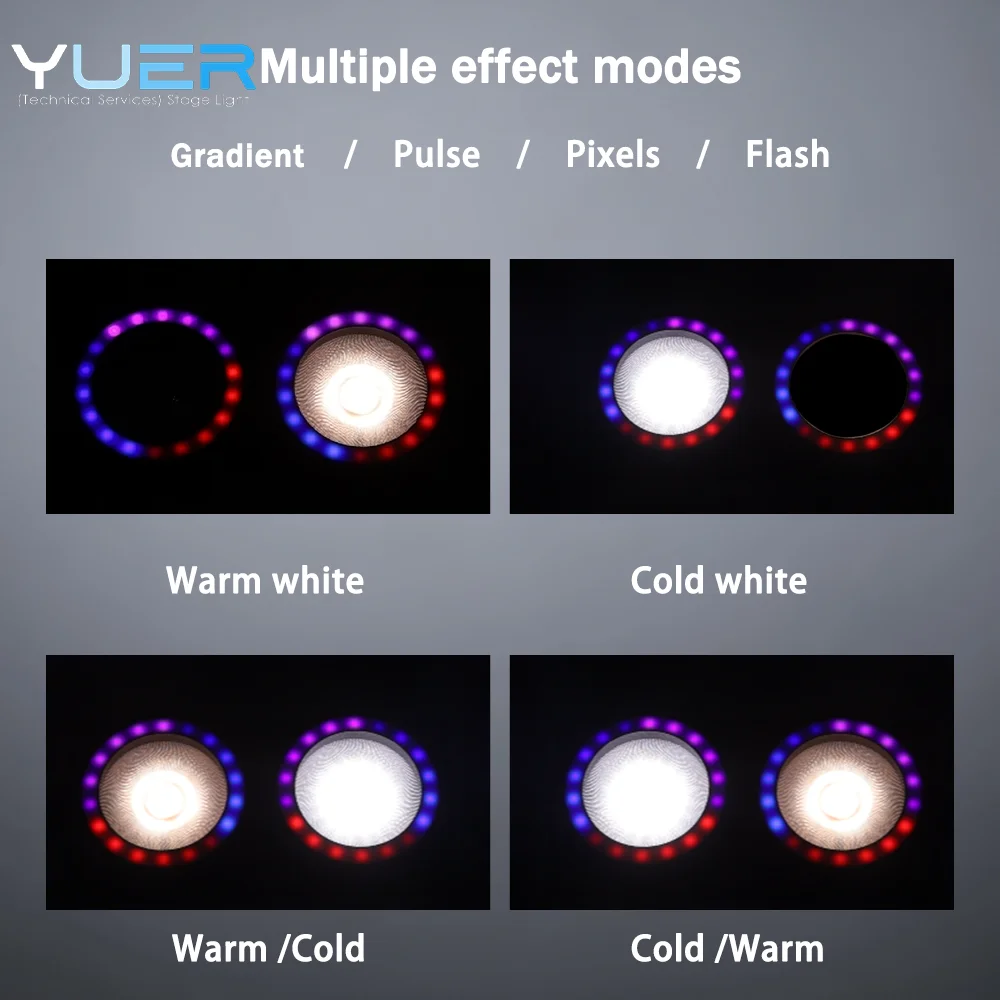 

2x100w COB Cool /Warm white Audience Light with ring flash effect Flicker free PWM strobe DMX Sound control for DJ Disco bar
