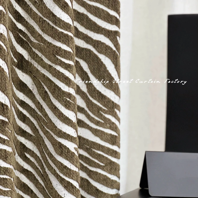 Cut Velvet Coffee Color Zebra Pattern American Jacquard Chenille Blackout Curtains for Bedroom Living Room Villa Customization