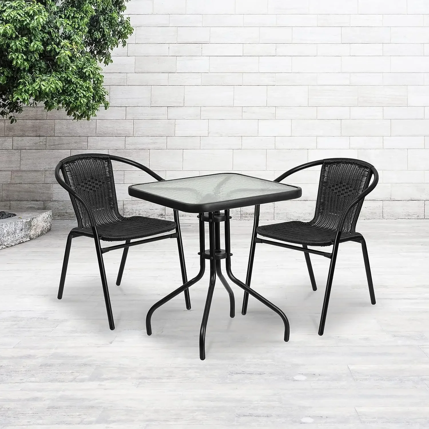 Furniture Lila 23.5'' Square Glass Metal Table with 2 Black Rattan Stack Chairs