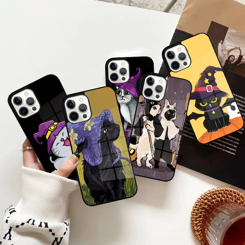 H-Halloween Cat Cute W-Witches Hat Phone Case Magnetic for iPhone 15 16 14 13 Pro Max 11 12 Mini Magsafe Wireless Charging Cover