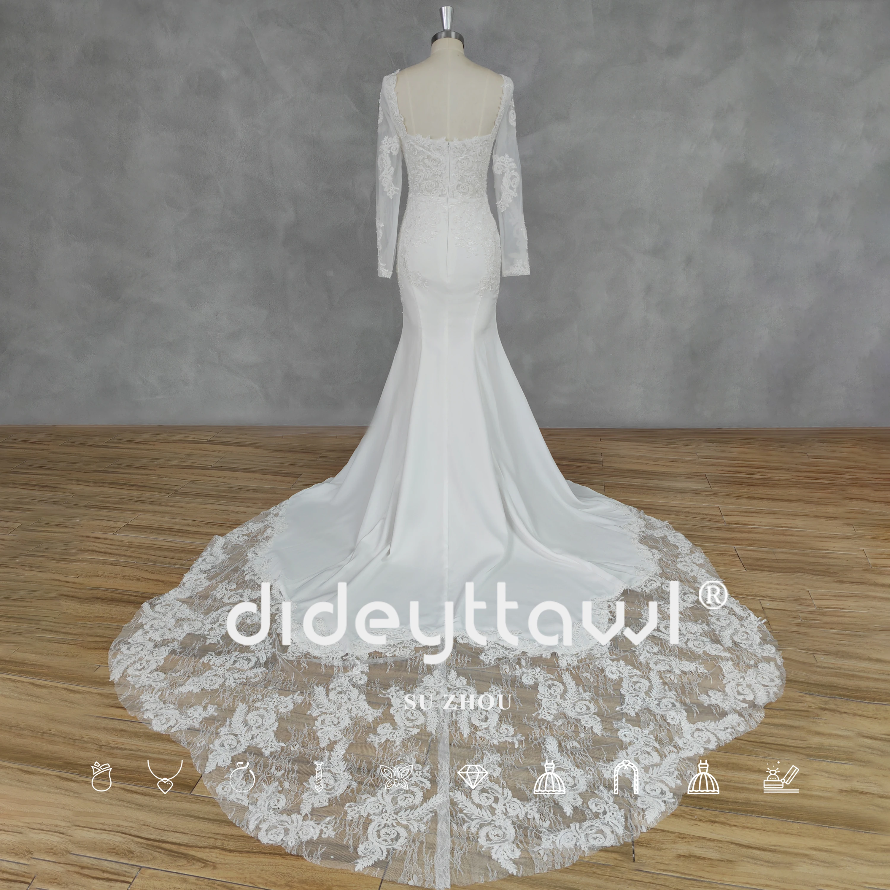 DIDEYTTAWL vestido de novia de manga larga con apliques de cuello cuadrado, vestido de novia con cremallera, cola de corte trasera, crepé, imagen Real