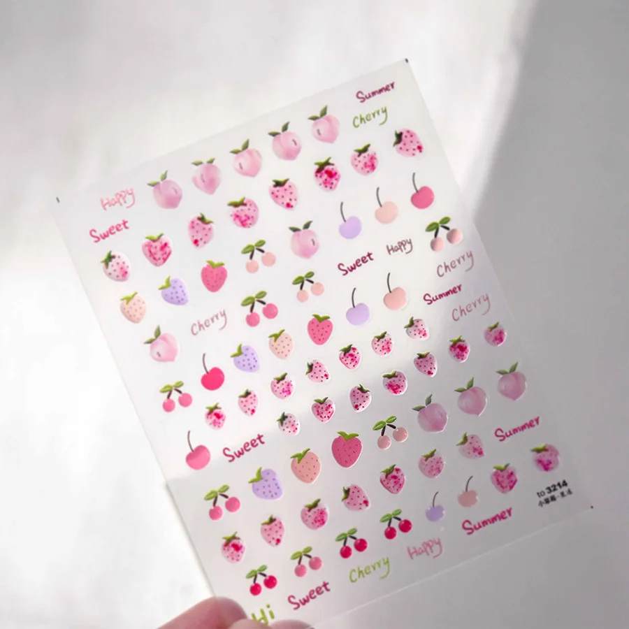 1pcs 5D Kawaii Jelly Strawberry Nail Art Stickers Cute Cartoon Fruit Nail Transfer Slider Decals DIY Nail Decoration Accessories