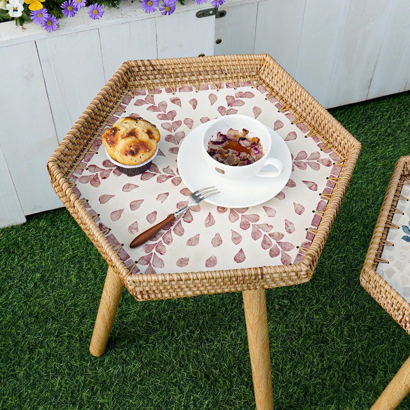 Rattan Tatami Coffee Table Hexagon Side Table with Storage Tray Farmhouse End Table for Couch Living Room Furniture