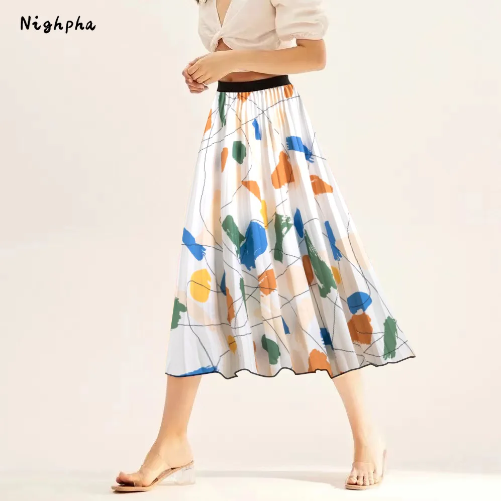 

Nighpha Women's Summer Print Pleated Skirt High Waisted Midi Long A-Line Skirt Causal Summer