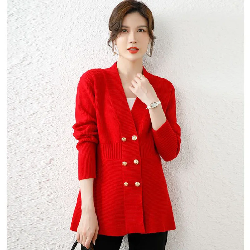 

Женский весенне-осенний новый кардиган с v-образным вырезом, свободный удобный модный вязаный джокер, длинное пальто, двубортный свитер, пальто