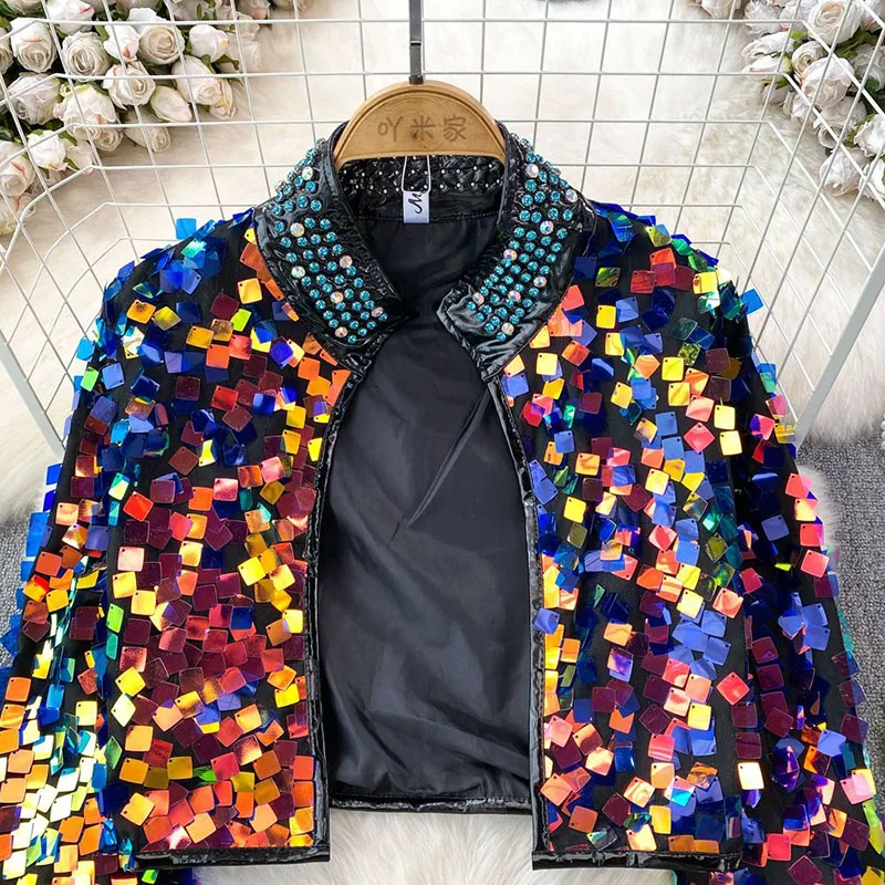 2024 Spring and Autumn Long Sleeves Shining Jacket Streetwear Sequins Unique Designer Coat Outerwear